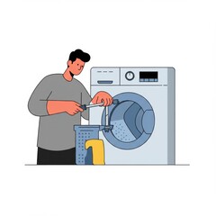 Man performing maintenance on washing machine with laundry basket nearby  