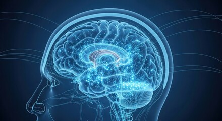 A transparent brain with glowing neural pathways against a blue background.