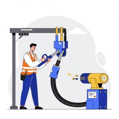 Industrial worker operating robotic arm with hydraulic controls  