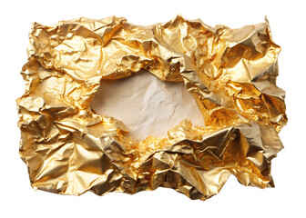 Crumpled gold foil torn with empty space in middle isolated on a transparent background