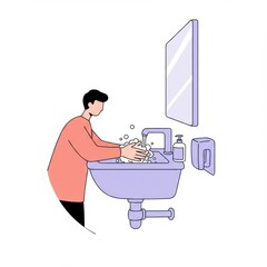 Man washing hands at sink with soap and water in bathroom  