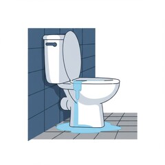 Bathroom toilet with water leak on tiled floor against blue wall  