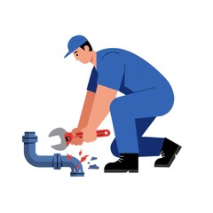 Plumber repairing pipe with wrench while crouching on the floor  