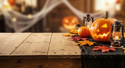 Halloween pumpkin decorations with a wooden table and a black lace tablecloth.