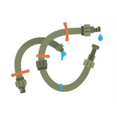 Garden hoses with connectors and water droplets on white background  
