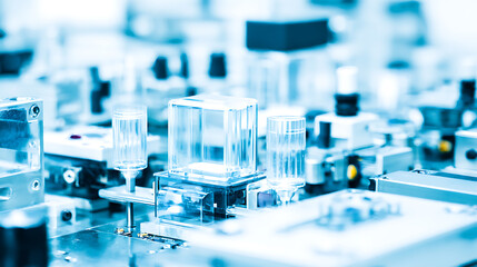Close-up of laboratory equipment with glass vials and mechanical components in a scientific research setting