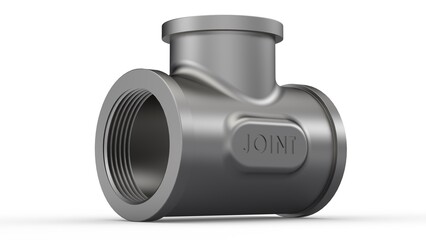 Metal Tee Pipe Fitting. Isolated. White background. 3D render