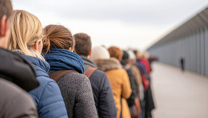People wait in line at international checkpoint halt, bundled in winter clothing, creating sense of anticipation and patience