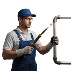 Male worker welding metal pipe with torch in industrial setting  