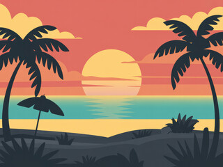 Fototapeta premium Tropical sunset beach with palm trees, ocean waves and orange sky, summer holiday seascape illustration, relaxing tropical paradise landscape for travel, vacation and nature background