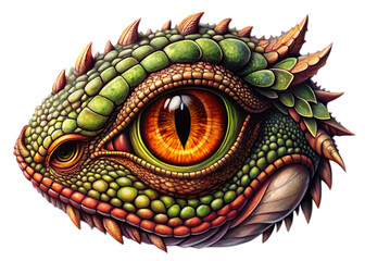 Dragon eye detailed scales and reptilian texture isolated on a transparent background