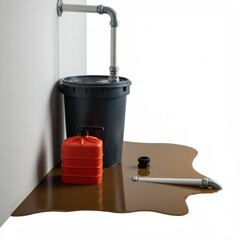 Oil spill near black bucket and red fuel canister on floor  