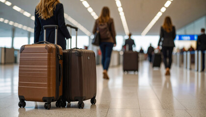 International checkpoint halt with traveler and luggage in modern airport terminal, people walking with suitcase, travel atmosphere