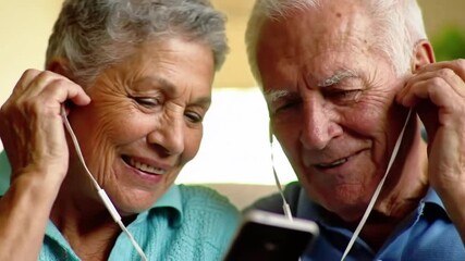 A close-up of a smiling elderly couple sharing a sweet moment with music. Using modern technology to enjoy shared interests helps them stay connected and happy in their golden years.
- Powered by Adobe