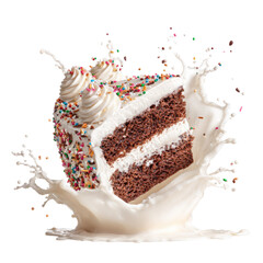 Flying Birthday Cake in a Milky Splash on transparent background