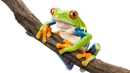 Redeyed tree frog perched on a branch isolated on white background, showcasing its vibrant colors and unique adaptation to its environment