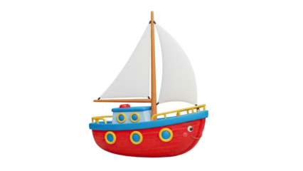 Charming cartoon sailboat with happy face sails on adventure, perfect for kids' stories.