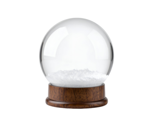A beautifully crafted snow globe featuring a wooden base and a clear glass dome filled with artificial snow.