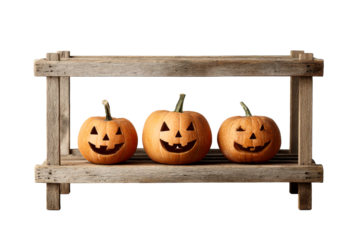 Pumpkin display on a wooden shelf for Halloween