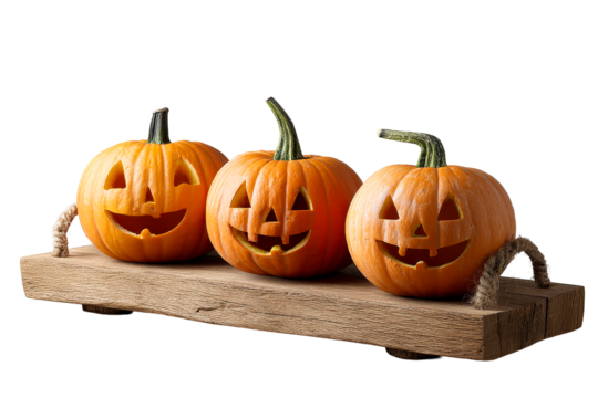 Three smiling pumpkins on wooden display