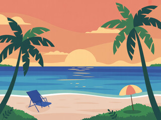 Obraz premium Tropical sunset beach with palm trees, ocean waves and orange sky, summer holiday seascape illustration, relaxing tropical paradise landscape for travel, vacation and nature background