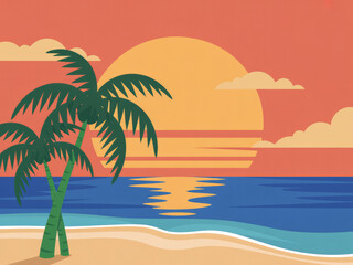 Obraz premium Tropical sunset beach with palm trees, ocean waves and orange sky, summer holiday seascape illustration, relaxing tropical paradise landscape for travel, vacation and nature background