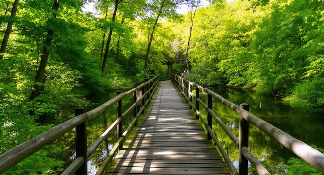 Wooden walkway bridge through lush green forest