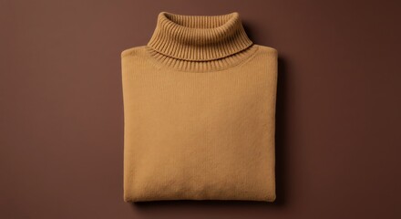 Mockup a neatly folded camel colored turtleneck sweater on a brown background, studio shot for commercial usage