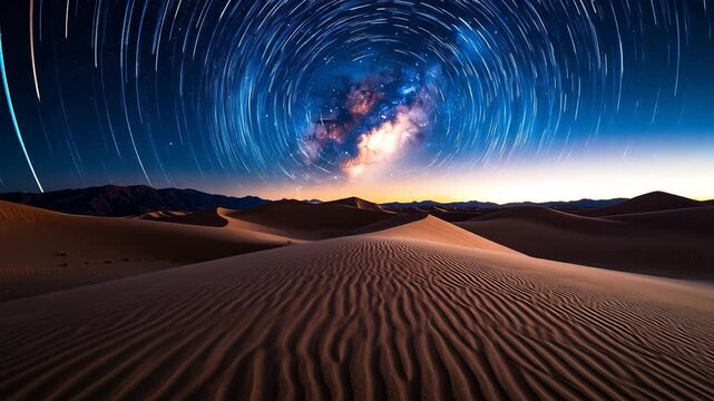 Desert Night Sky Star Trails Astrophotography.