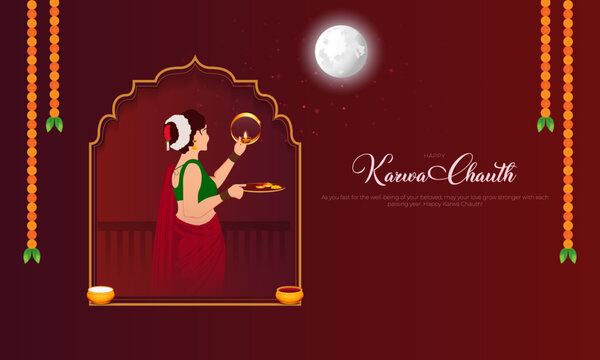 Happy Karwa Chauth Social Media Post and Greetings. Hindu Festival Karwa Chauth Celebration Creative Design Vector Illustration