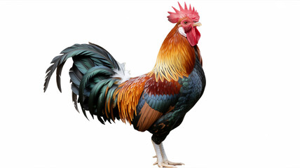 Fototapeta premium A colorful rooster isolated on white background standing tall with vibrant plumage, showcasing its beauty and proud demeanor in a studio shot