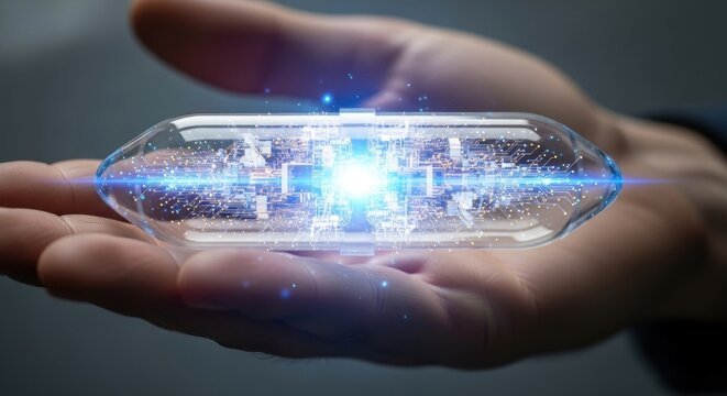 A futuristic, glass-like object with a glowing, digital interface in the palm of a person's hand. - Powered by Adobe