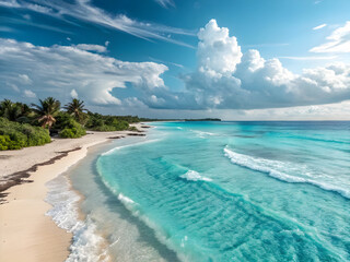 Tropical beach scene with turquoise water white sand palm trees and fluffy clouds a picturesque paradise landscape