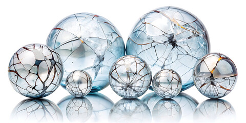 Cracked glass spheres with intricate fracture patterns isolated on a transparent background