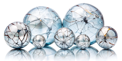 Cracked glass spheres with intricate fracture patterns isolated on a transparent background