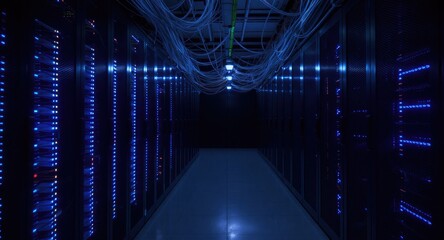 Dark server room, illuminated by blue lights
