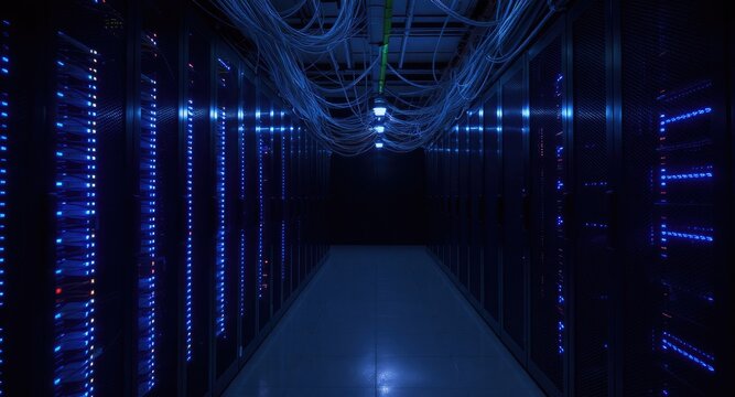 Dark server room, illuminated by blue lights