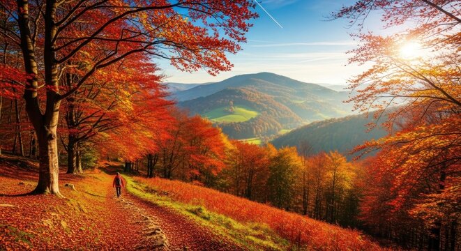 A hiker walks through a colorful autumn forest with mountains in the background.
