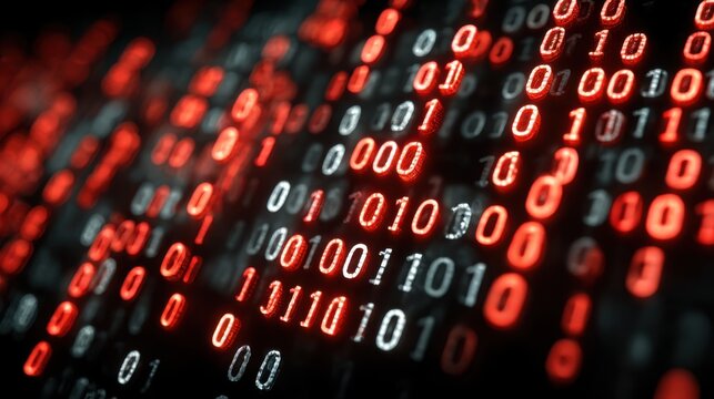 Binary code displayed in red and black colors creating a digital backdrop for technology and data analysis