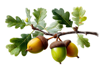 Acorns and leaves on an oak branch in nature