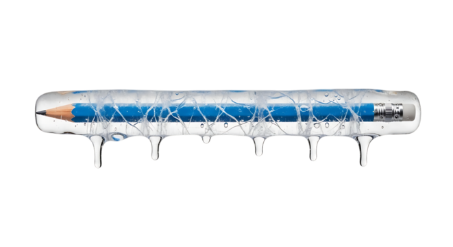 Blue pencil frozen in a block of ice with icicles, isolated transparent
