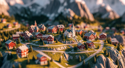 A miniature village nestled amidst towering mountains, showcasing intricate details of buildings and winding roads, creating a captivating scene of a small community in a natural environment.