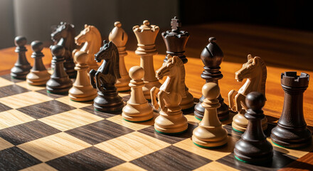 A Beautifully Crafted Chess Set in Warm Sunlight

This striking close-up shot of a classic wooden chess set is bathed in warm, directional sunlight, creating a dramatic interplay of light 