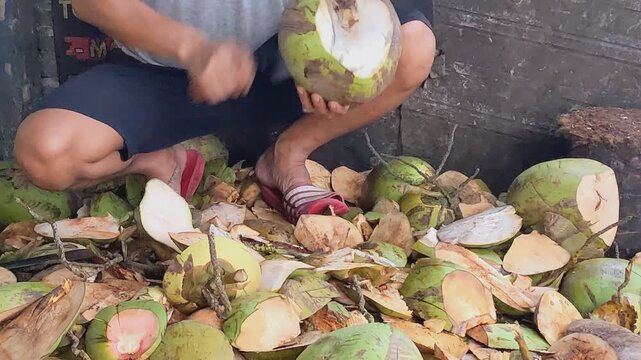 Man opens fresh coconuts with a knife, surrounded by coconut shells and fruit.