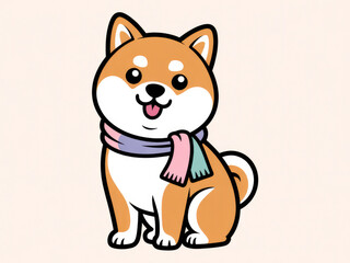 Cute Shiba Inu dog wearing colorful scarf, kawaii cartoon style illustration, adorable smiling puppy character, playful winter pet mascot for stickers, design, and digital art background