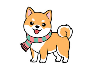 Cute Shiba Inu dog wearing colorful scarf, kawaii cartoon style illustration, adorable smiling puppy character, playful winter pet mascot for stickers, design, and digital art background