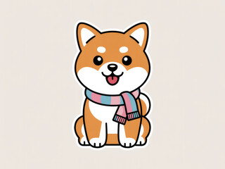 Cute Shiba Inu dog wearing colorful scarf, kawaii cartoon style illustration, adorable smiling puppy character, playful winter pet mascot for stickers, design, and digital art background