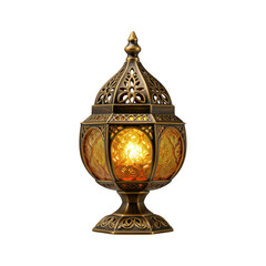 Ornate antique brass lantern with amber glass panels isolated on transparent background