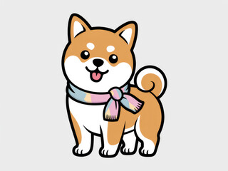 Cute Shiba Inu dog wearing colorful scarf, kawaii cartoon style illustration, adorable smiling puppy character, playful winter pet mascot for stickers, design, and digital art background