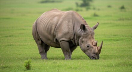 Obraz premium A white rhinoceros grazing in a grassy field.